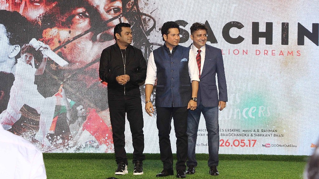 Sachin Tendulkar, AR Rahman and Sukhwinder Singh at the music launch of <i>Sachin: A Billion Dreams. </i>(Photo: Yogen Shah)