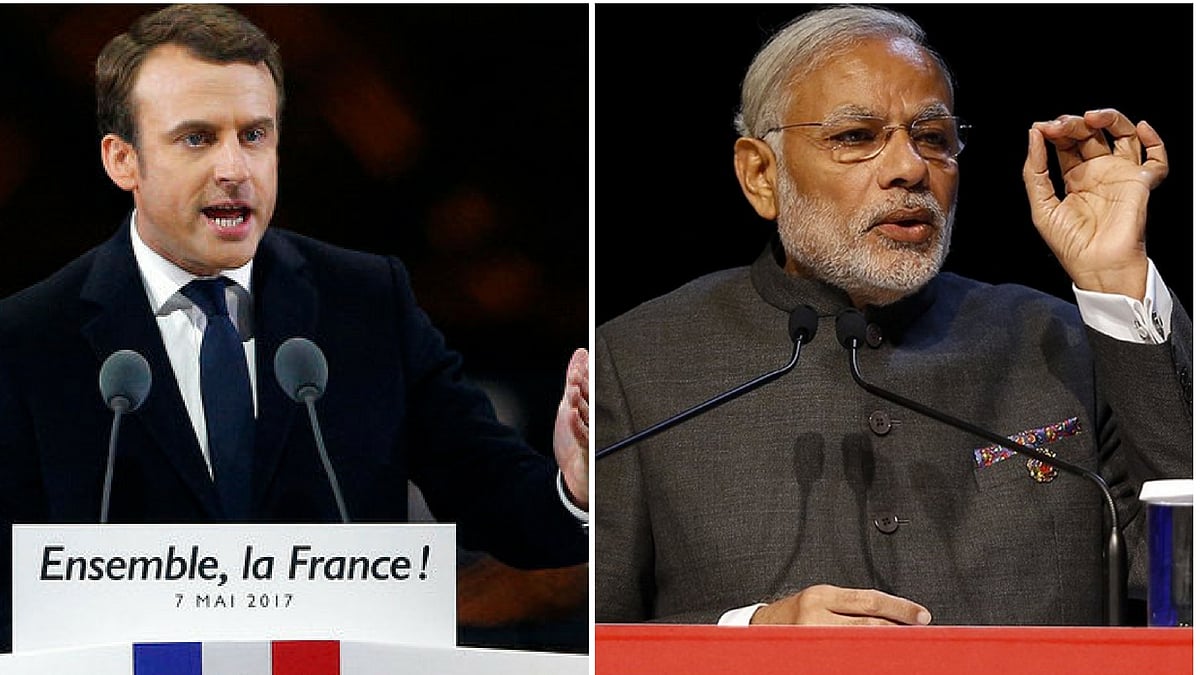 Emmanuel Macron was elected President of France on Sunday and Narendra Modi was became Prime Minister in 2014. (Photo: Altered by <b>The Quint</b>)