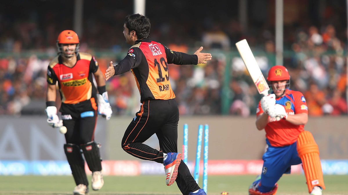 Rashid Khan Arman of the Sunrisers Hyderabad celebrates bowling Aaron Finch of the Gujarat Lions. (Photo: BCCI)