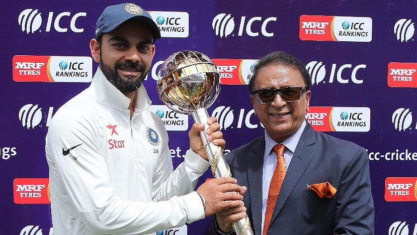 Sunil Gavaskar presents the ICC Test Mace to Virat Kohli. 