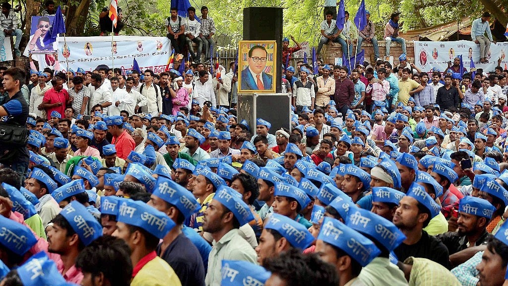 <div class="paragraphs"><p>Chandrashekhar Azad’s Bhim Army gathered in hundreds at Jantar Mantar on Sunday. </p></div>