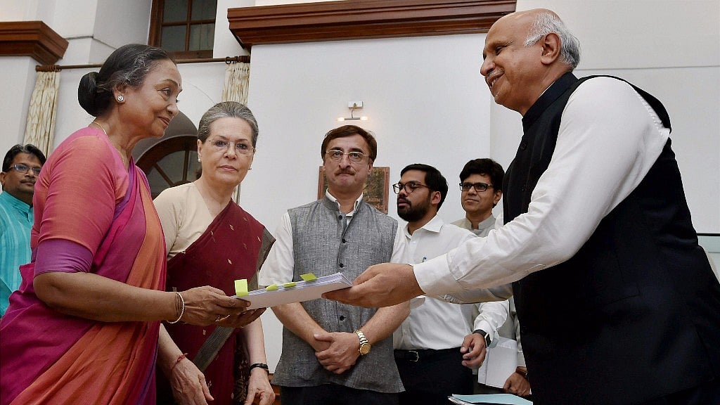 Opposition presidential candidate Meira Kumar filing her nomination papers in the presence of Congress President Sonia Gandhi at Parliament House.