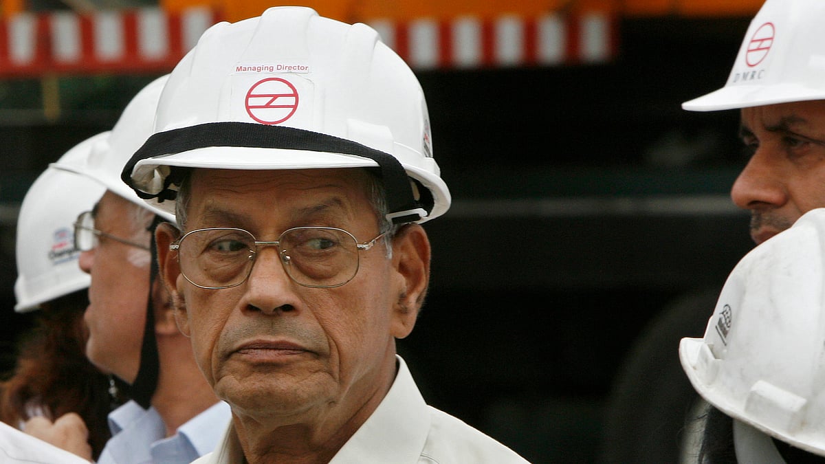 Sreedharan reacts during his visit at the site of a DMRC flyover that collapsed in 2009. 
