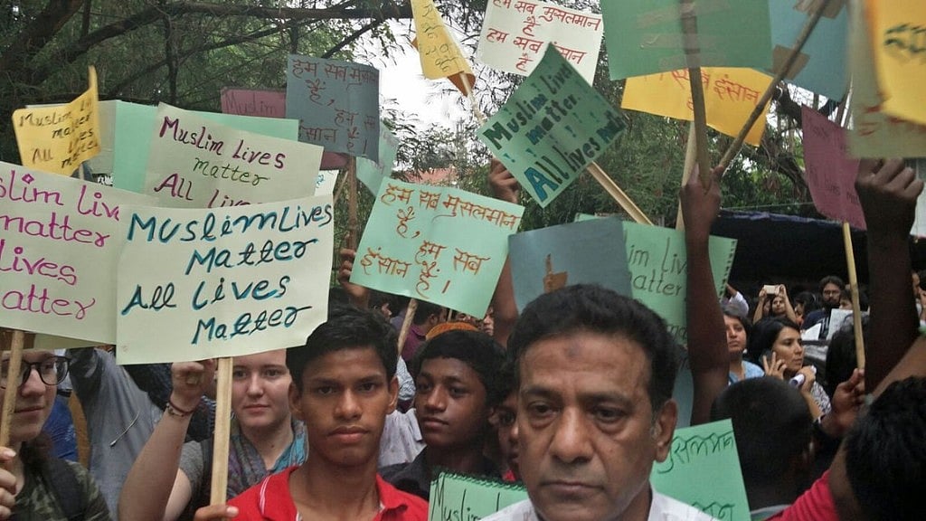 Protesters at the #NotInMyName protests held at jantar Mantar in New Delhi. 