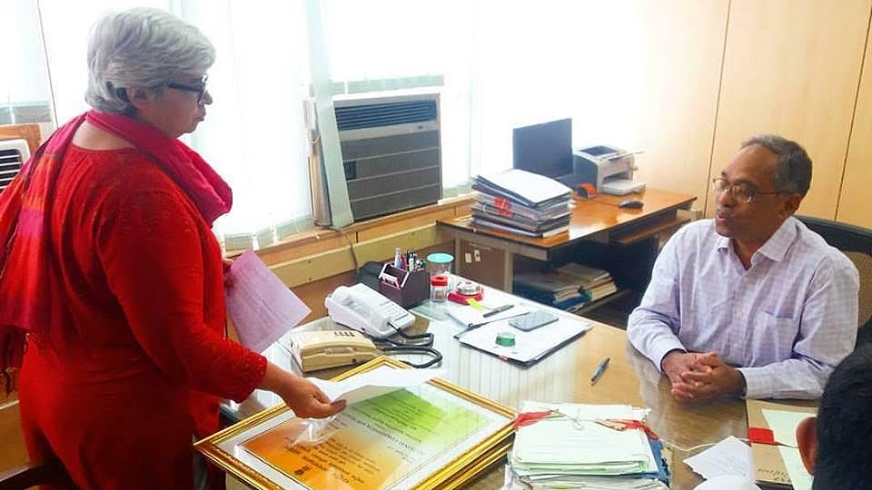 Social activist Shabnam Hashmi returning her National Minority Rights Award to the National Minority Commission on Tuesday.