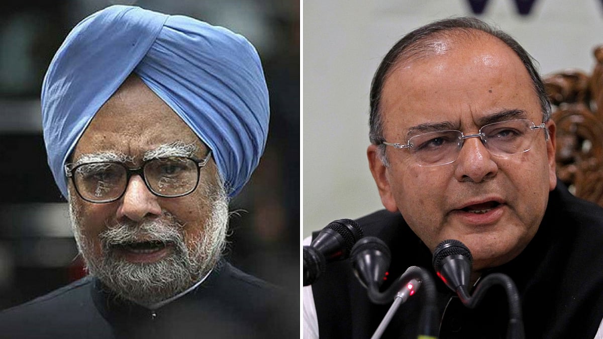 Dr Manmohan Singh (L), Finance Minister Arun Jaitley (R). (Photo: Altered by <b>The Quint</b>)