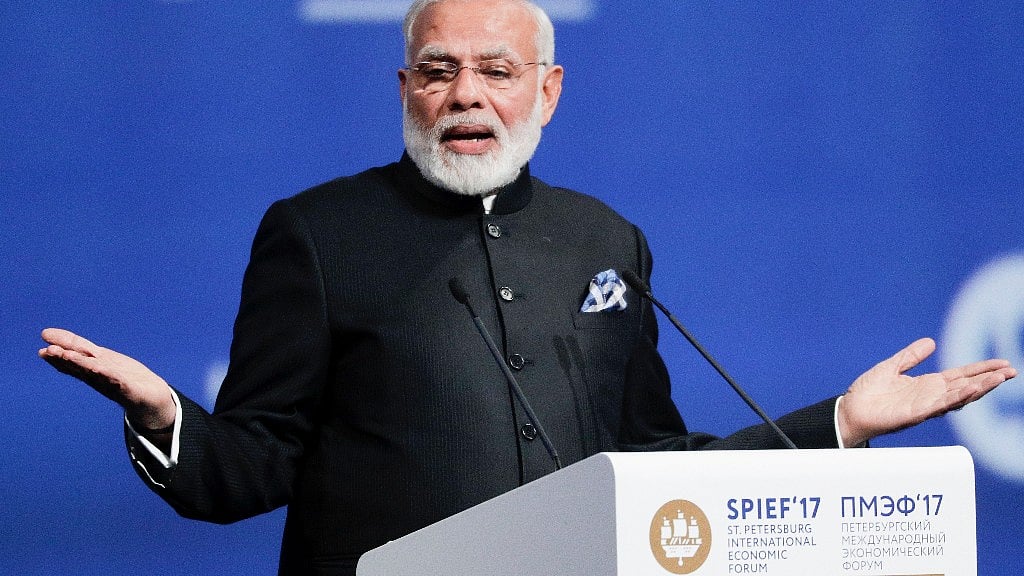 India’s Prime Minister Narendra Modi addresses the St Petersburg International Economic Forum in St Petersburg, Russia, 2 June 2017. (Photo: AP)&nbsp;