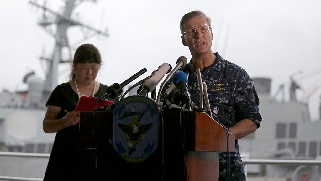 Vice Adm Joseph Aucoin Commander of the US 7th Fleet speaks during a press conference near the damaged USS Fitzgerald (rear) at the US Naval base in Japan.&nbsp; (Photo: AP)
