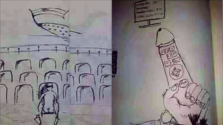 One of the cartoons shows a couple having sex in a movie theatre, while the screen shows the National Flag. (Photo Courtesy: The News Minute)