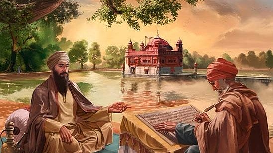 An illustration of Guru Arjan Dev composing hymns for the Guru Granth Sahib.