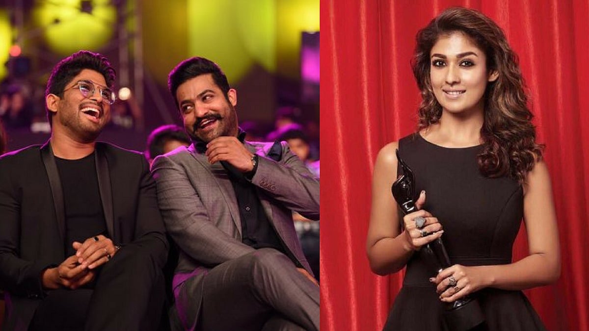 Allu  Arjun, Jr NTR and Nayanthara at Filmfare Awards (South) 2017. (Photo courtesy: <a href="https://twitter.com/rameshlaus/status/876437114195394561">Twitter/ RameshBala</a>/ <a href="https://twitter.com/NayantharaLive/status/781055180523446272">Nayantharalive</a>)