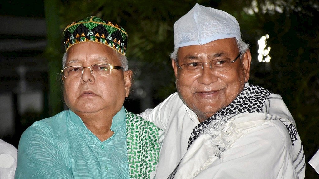 Bihar Chief Minister Nitish Kumar and RJD chief Lalu Prasad Yadav at the latter’s Iftar party.&nbsp;
