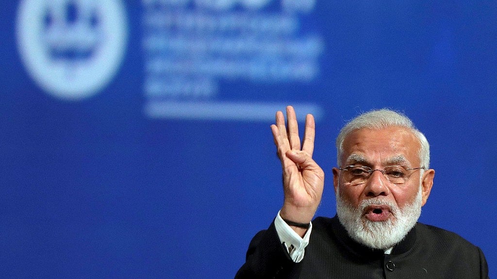 Indian Prime Minister Narendra Modi speaks at the St Petersburg International Economic Forum in St Petersburg, Russia, on 2 June 2017. (Photo: PTI)
