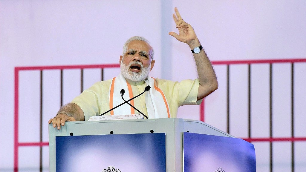 Prime Minister Narendra Modi addresses a gathering at the Sabarmati Ashram during its centenary celebration in Ahmedabad on Thursday.&nbsp;