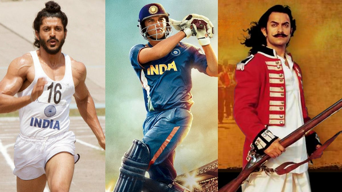 Posters of <i>Bhaag Milkha Bhaag</i>, <i>MS Dhoni: The Untold Story</i> and<i> Mangal Pandey: The Rising</i>.
