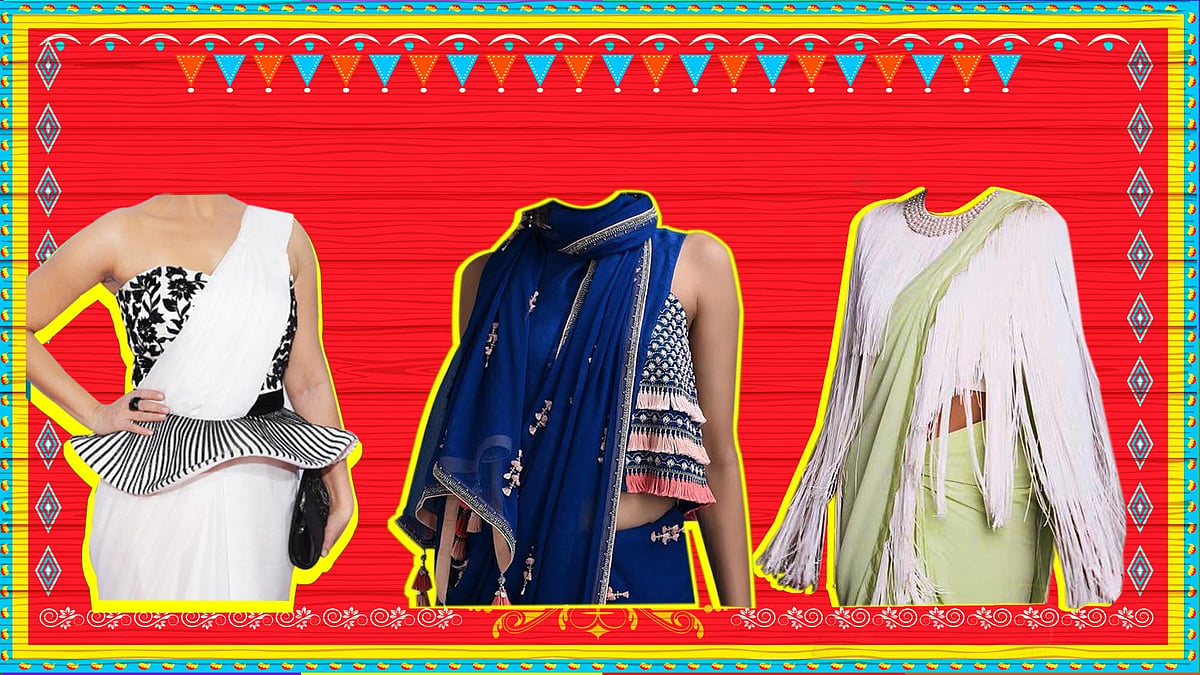 A sari-inspired gown by Mapxenca; a Moroccan blue 1920s flapper inspired top by Madsam Tinzin; and a fringe blouse by Abu Jani and Sandeep Khosla.