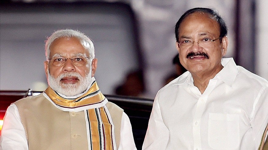 Union Minister M Venkaiah Naidu is greeted by Prime Minister Narendra Modi after he was announced as the BJP’s Vice-Presidential candidate in New Delhi on Monday. 