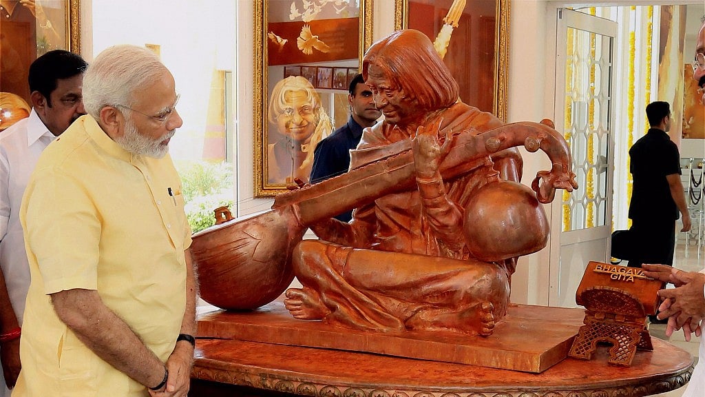 Prime Minister Narendra Modi looking at the bust of late President APJ Abdul Kalam during the inauguration of his memorial at Peikarumbu in Rameswaram, Tamil Nadu on Thursday.