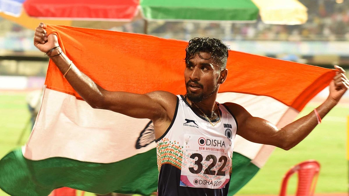India’s G Lakshmanan celebrates after winning gold in the men’s 5,000 meter event during Asian Athletics Championship.
