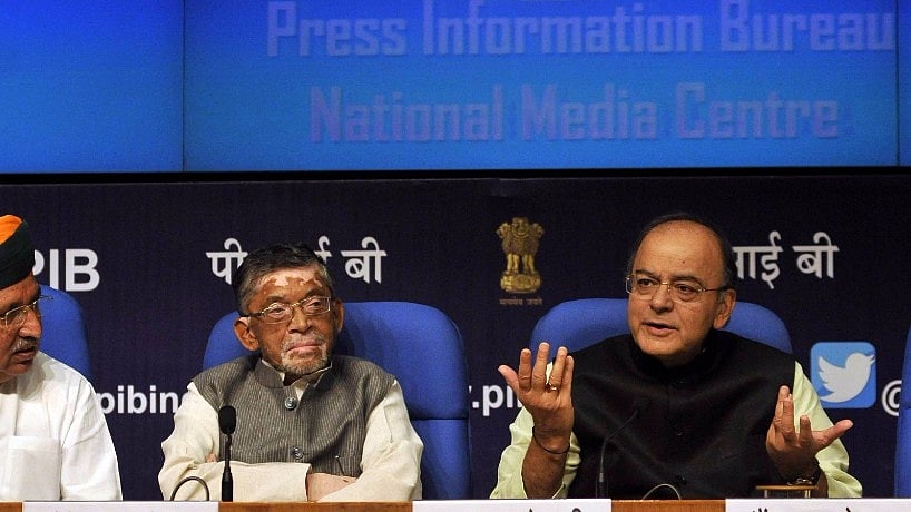 File photo of Union Finance Minister Arun Jaitley with Union MoS Finance Arjun Ram Meghwal and Santosh Gangwar.