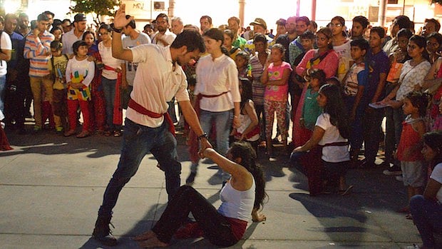 A street theatre performance on domestic violence at the Bridge Market plaza in Chandigarh. 