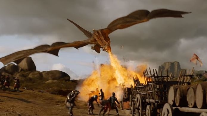 Drogon breathing fire at the Lannister army.