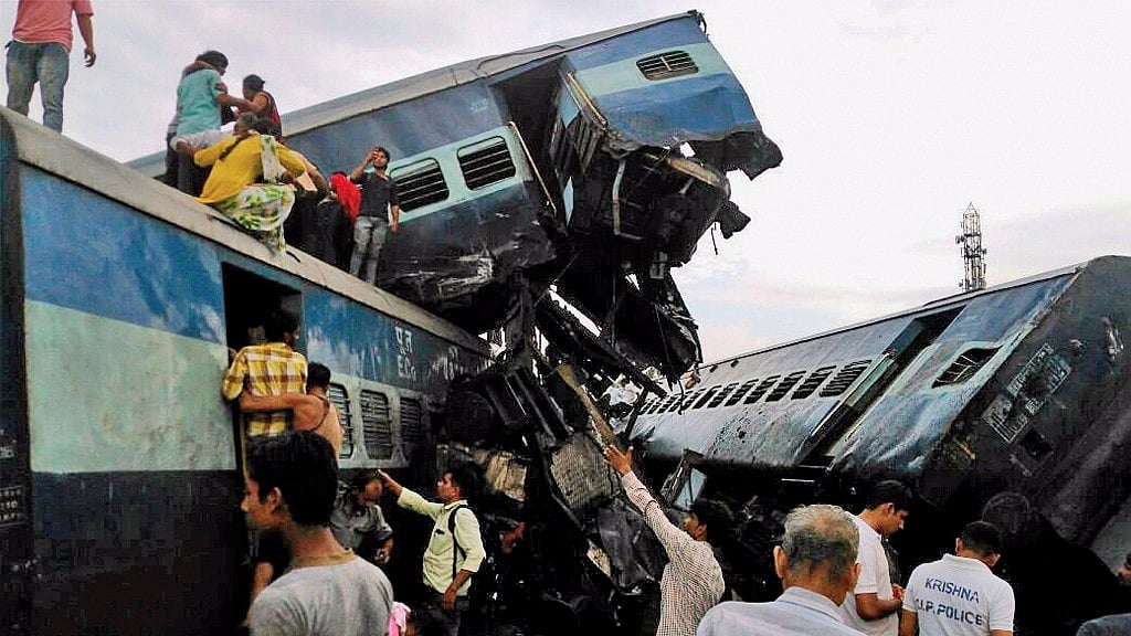 Coaches of the Puri-Haridwar Utkal Express after it derailed in Khatauli near Muzaffarnagar.