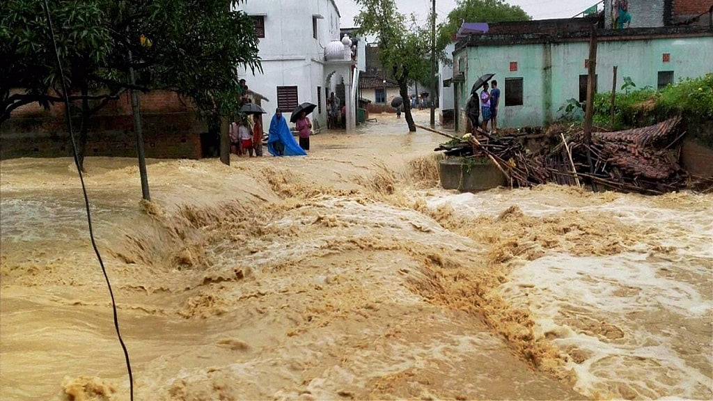 View of a flooded village in West Champaran district of Bihar