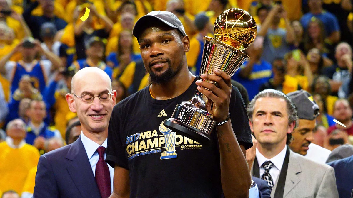 Golden State Warriors forward Kevin Durant (35) celebrates after winning the NBA Finals MVP in game five of the 2017 NBA Finals
