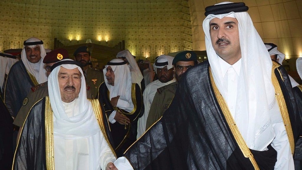 Kuwait’s Emir Sheikh Sabah Al Ahmad Al Sabah, left, holds the hand of Qatar’s Emir Sheikh Tamim bin Hamad Al Thani in Doha, Qatar. Image used for representational purpose. 