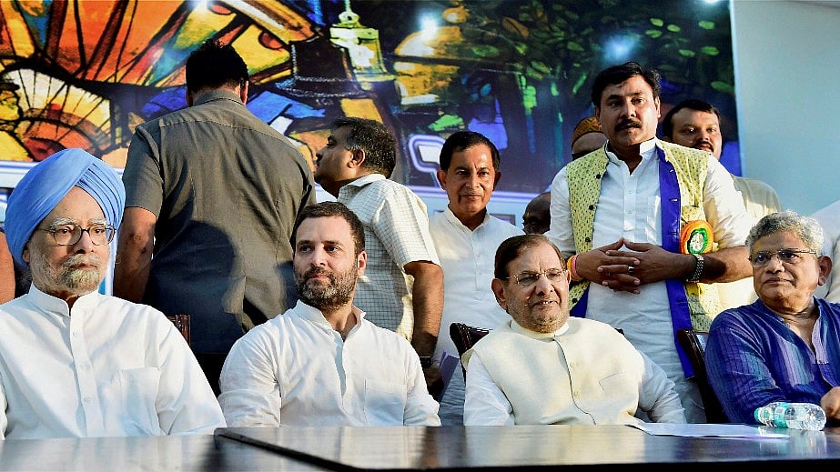 Congress Vice-President Rahul Gandhi, former PM Manmohan Singh, former JD(U) president Sharad Yadav and CPI(M) General Secretary Sitaram Yechuri attend a day-long convention Sajha Virasat Bachao Sammelan in New Delhi on Thursday.