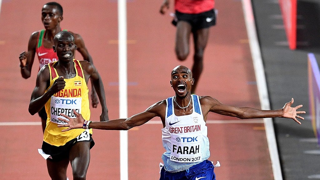 Britain’s Mo Farah celebrates after winning the gold medal in the Men’s 10,000m final during the World Athletics Championships in London, Friday, 4 Aug 2017. 