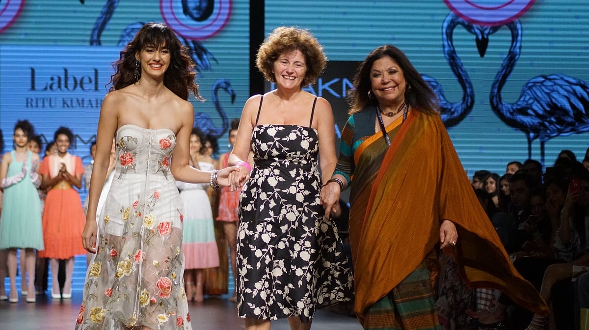Actress Disha Patani displays the creation of fashion designer Ritu Kumar during the Lakme Fashion Week Wintwer 2017 in Mumbai on 16 Aug 2017.