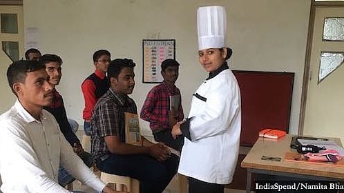 Swati Shinde, an assistant food production trainer at the Pace Hospitality Training Centre, teaches a class that at present has no women students