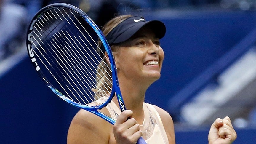 Maria Sharapova, of Russia, reacts after beating Timea Babos, of Hungary, during the second round of the US Open tennis tournament.