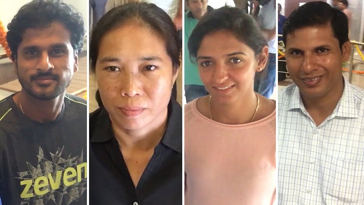 Saketh Myneni (first from left), Oinam Devi, Harmanpreet Kaur and Devendra Jhajharia speak to <b>The Quint</b>.