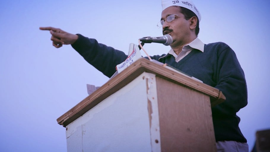 Arvind Kejriwal addresses the crowds at a political rally.&nbsp;