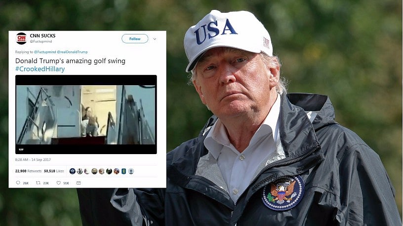US President Donald Trump on Sunday retweeted a doctored video of himself taking a golf swing and hitting Hillary Clinton.