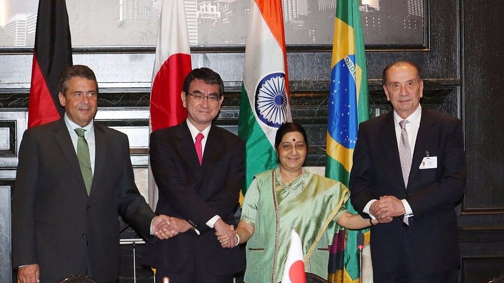 External Affairs Minister Sushma Swaraj at a meeting of G4 nations in New York on Wednesday. 