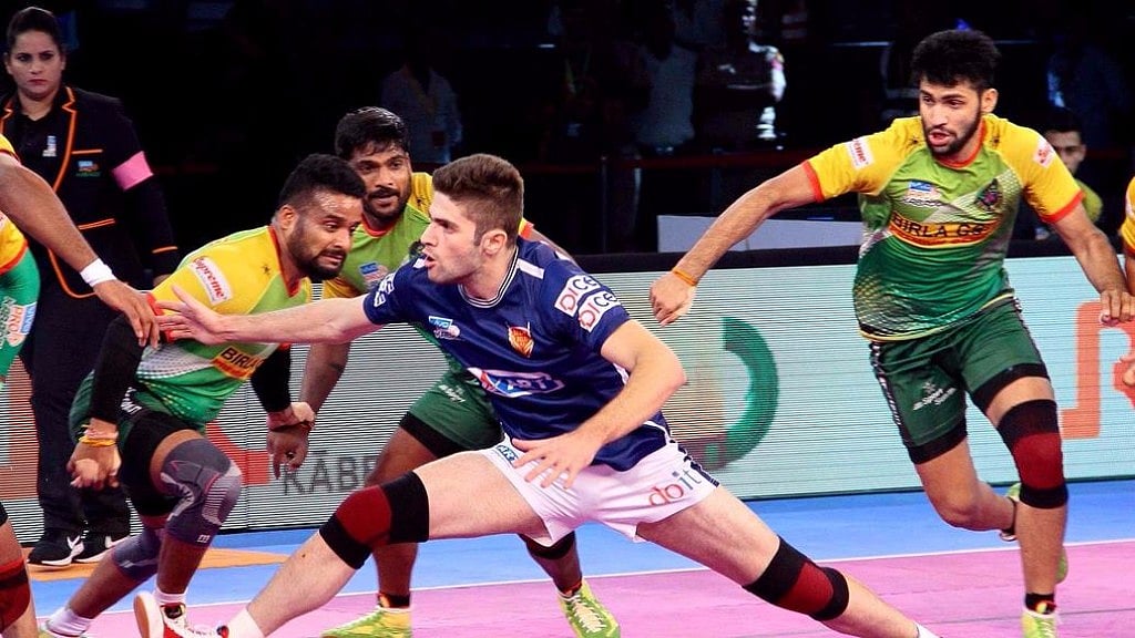 Dabang Delhi and Patna Pirates in action in a Pro Kabaddi League match. 
