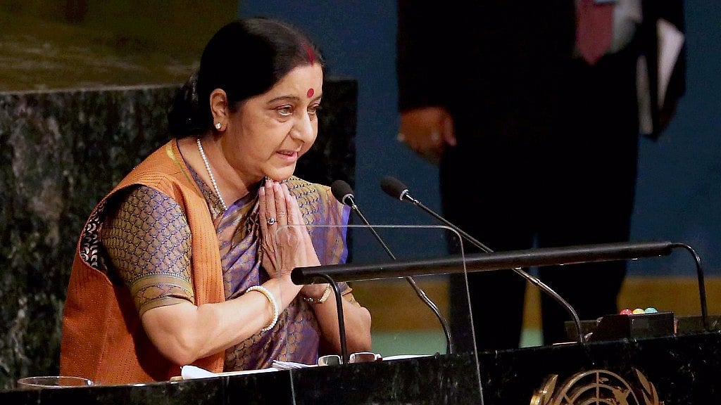 External Affairs Minister Sushma Swaraj greets members of the UNGA on Saturday. 