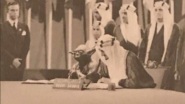 Yoda signing the UN Charter alongside Saudi Arabia’s King Faisal.