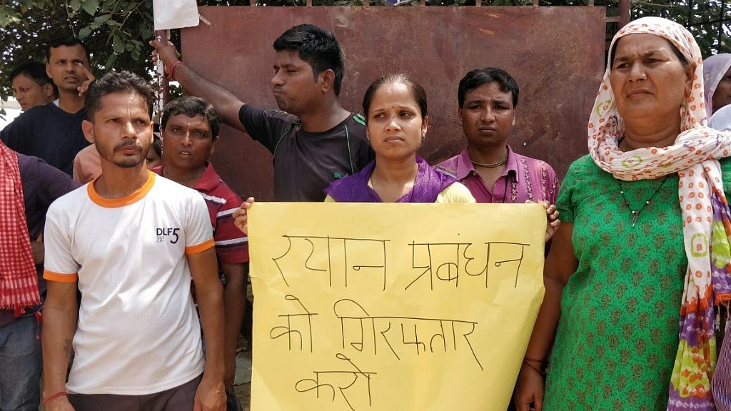 Parents protesting outside Ryan International School in Gurugram.