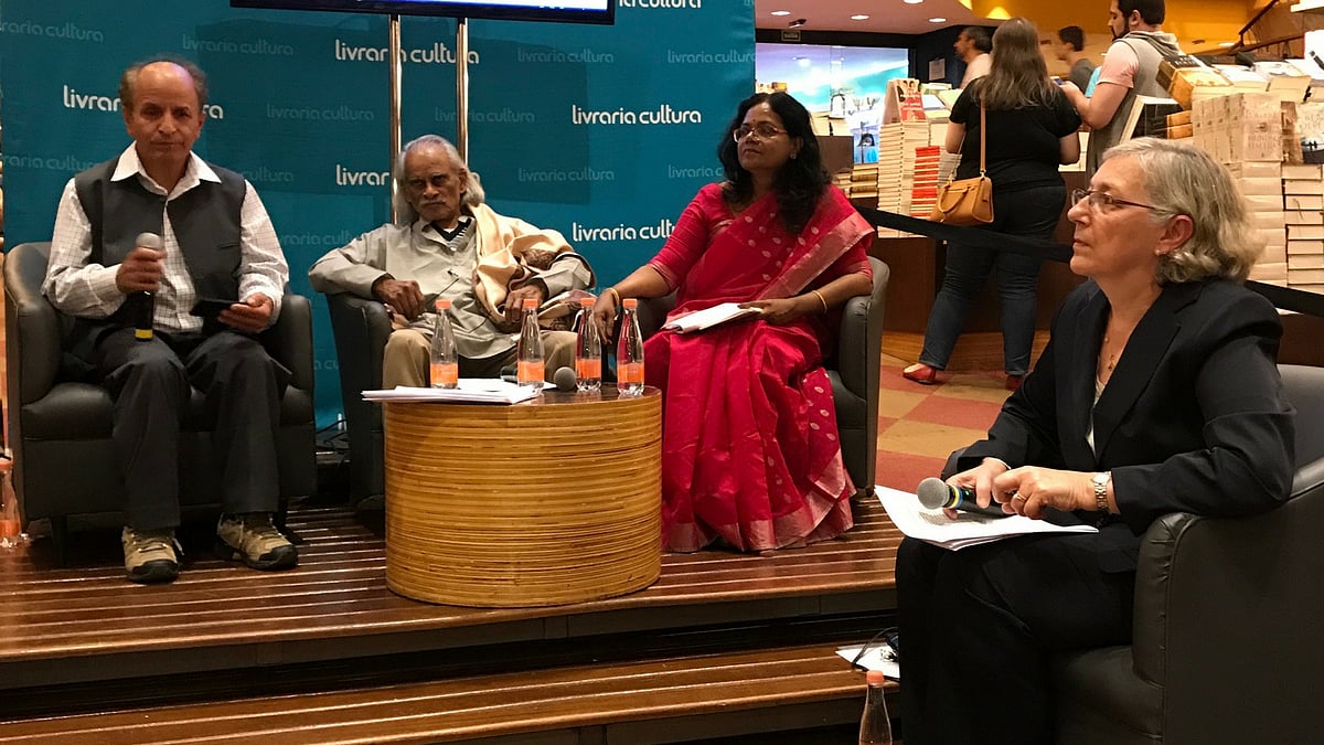 The three poets: Shafi Shauq, Shiva Reddy, Monalisa Jena and the moderator Cielo Festino, from left to right.