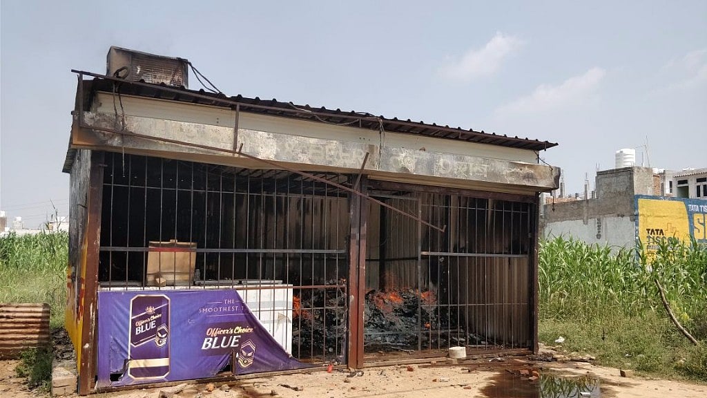 A liquor store located close to Gurugram’s Ryan International School was torched by a mob protesting the death of a 7-year-old in the school. 