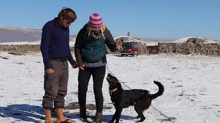German couple Janin Scharrenberg and Steffen Kagerah with their dog Luke.