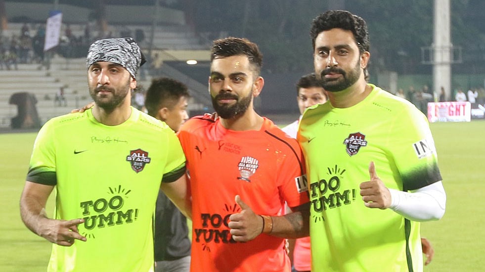Virat Kohli poses for a picture with Ranbir Kapoor and Abhishek Bachchan.