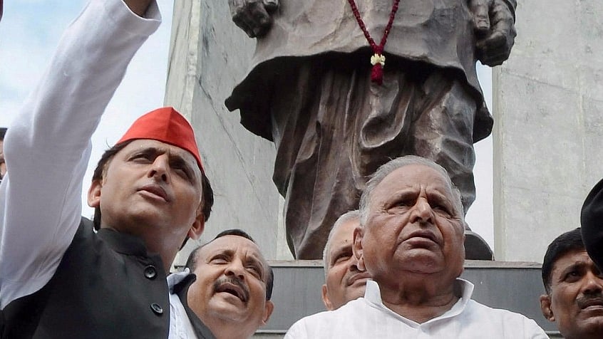 SP leader Mulayam Singh Yadav and Akhilesh Yadav. 