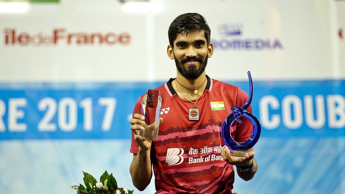 India’s Srikanth Kidambi poses for photographers after he won his men’s final match of the French Open badminton tournament in Paris, Sunday, Oct. 29, 2017. 