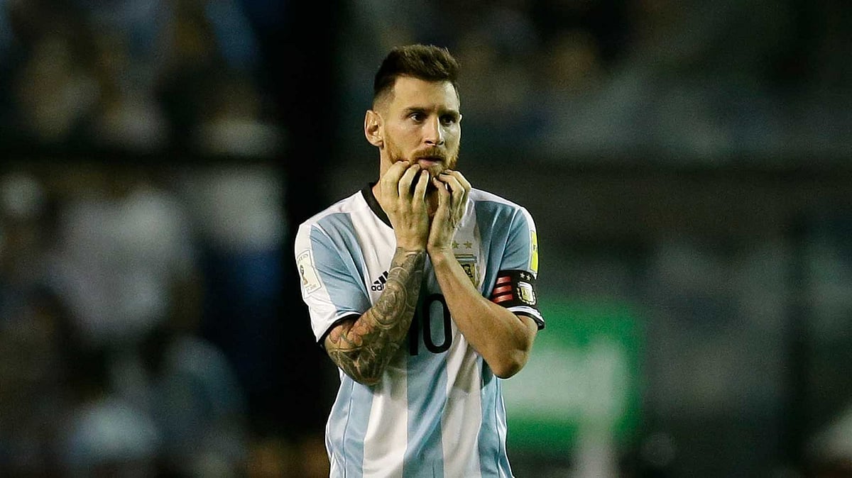 Argentina’s Lionel Messi reacts during a World Cup qualifying soccer match against Peru at La Bombonera stadium in Buenos Aires, Argentina, Thursday, Oct. 5, 2017. 